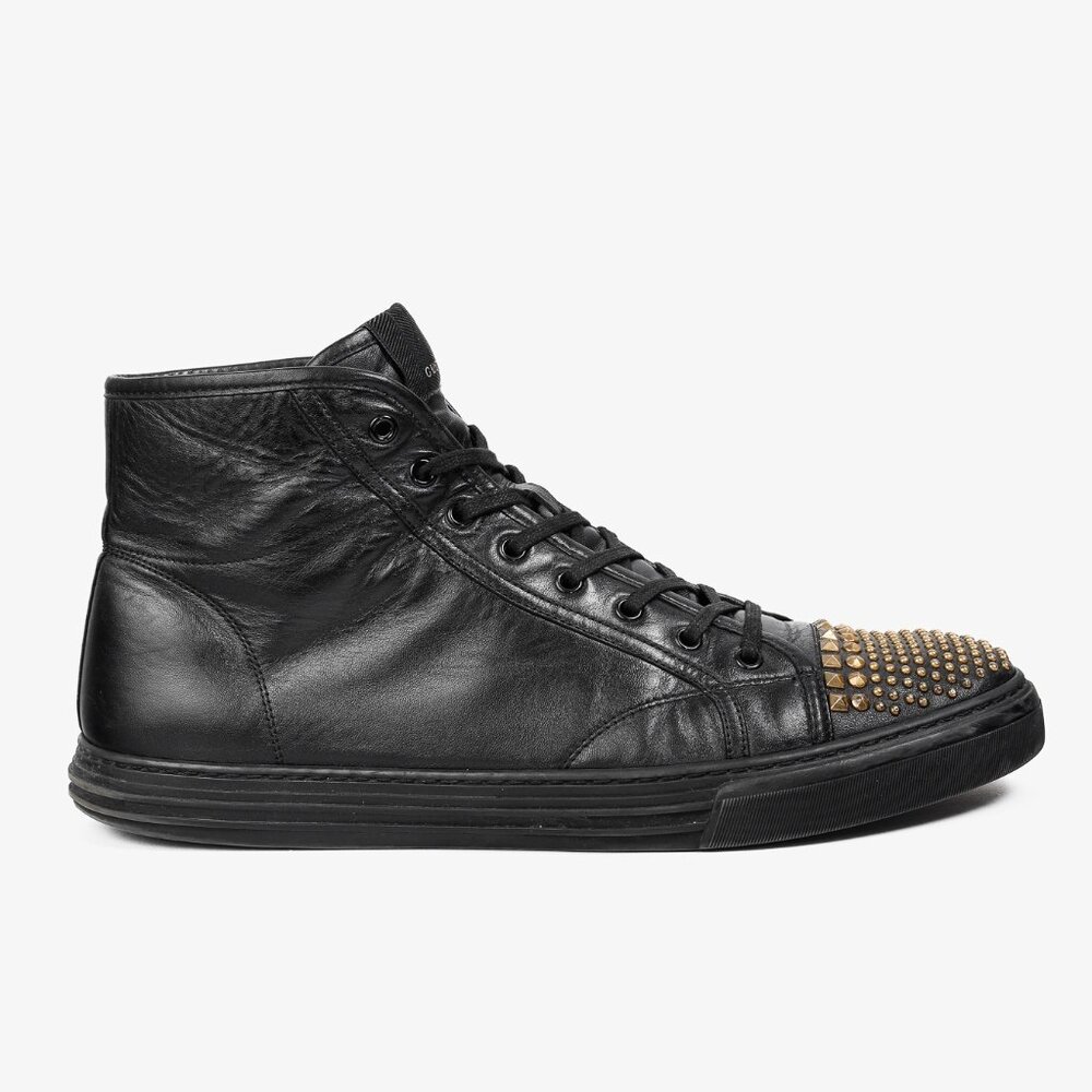 Gucci “California” Studded Cap Toe Black Leather Hi-Top Sneakers, Size 12